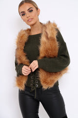 Camel Faux Fur Cropped Gilet - Nadia-Jackets