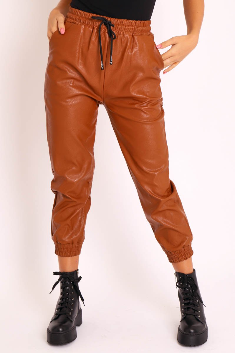Camel Faux Leather Drawstring Waist Joggers - Persia-Joggers