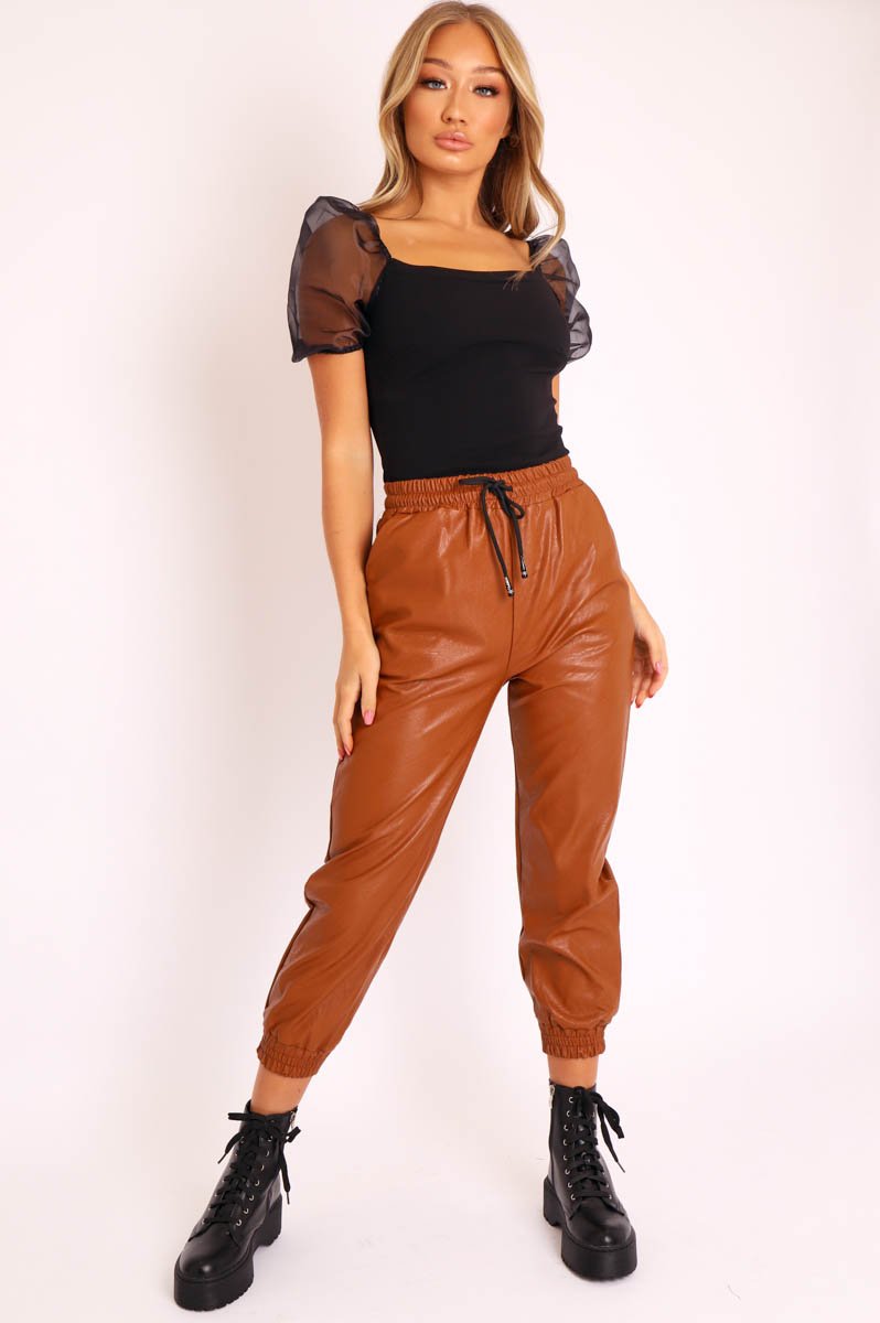 Camel Faux Leather Drawstring Waist Joggers - Persia-Joggers