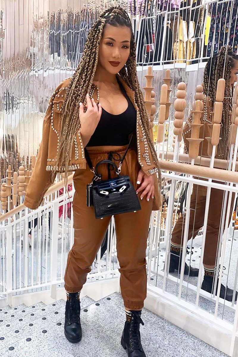 Camel Faux Leather Drawstring Waist Joggers - Persia-Joggers