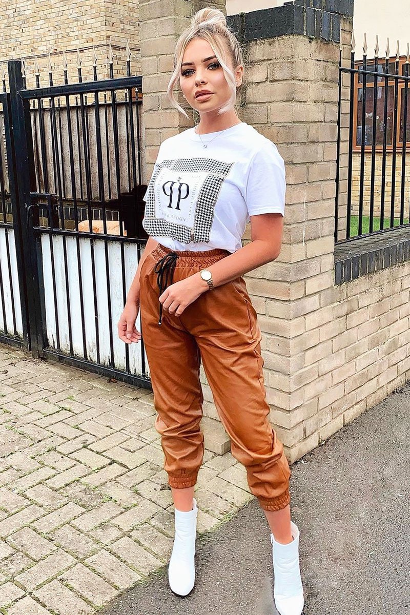 Camel Faux Leather Drawstring Waist Joggers - Persia-Joggers
