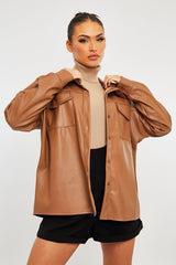 Camel Faux Leather Shacket - Leiyah-Shacket