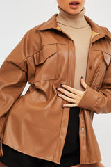 Camel Faux Leather Shacket - Leiyah-Shacket