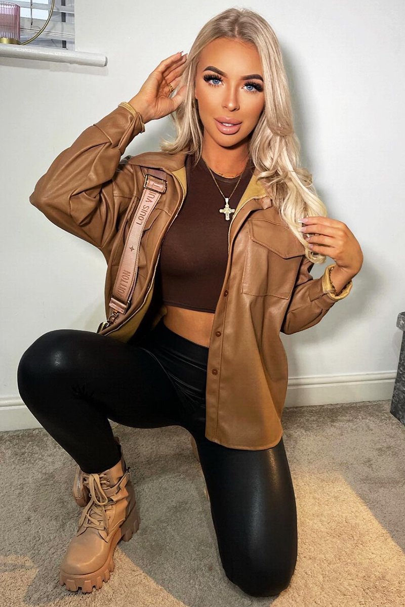 Camel Faux Leather Shacket - Leiyah-Shacket
