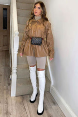 Camel Faux Leather Shacket - Leiyah-Shacket