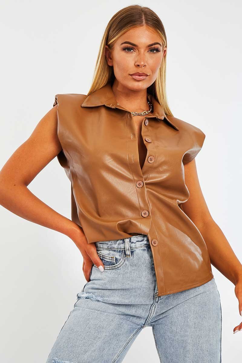 Camel Faux Leather Shoulder Pad Shirt - Eila-Shirts