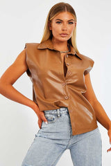 Camel Faux Leather Shoulder Pad Shirt - Eila-Shirts