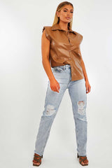 Camel Faux Leather Shoulder Pad Shirt - Eila-Shirts