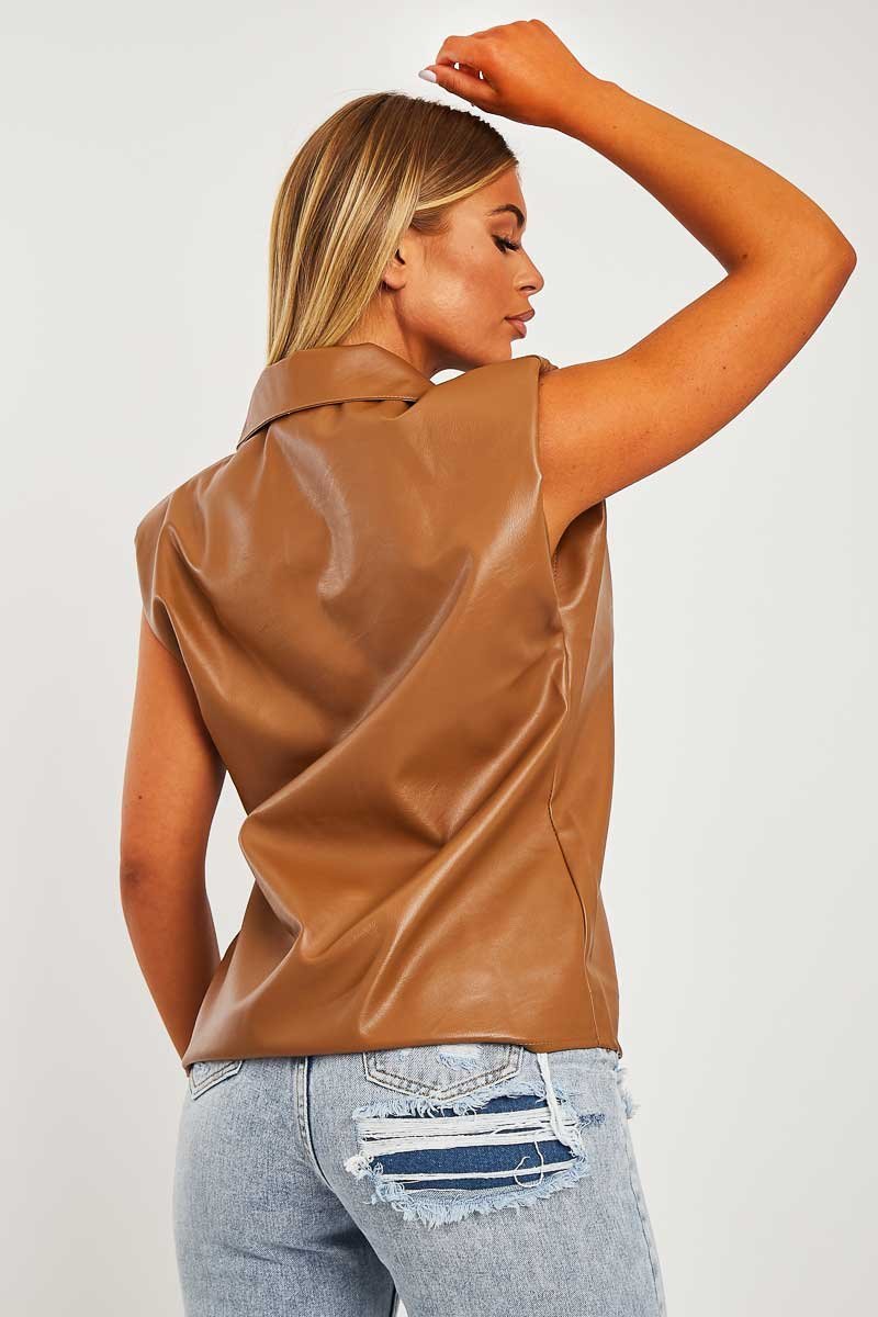 Camel Faux Leather Shoulder Pad Shirt - Eila-Shirts