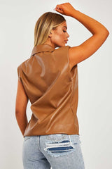 Camel Faux Leather Shoulder Pad Shirt - Eila-Shirts