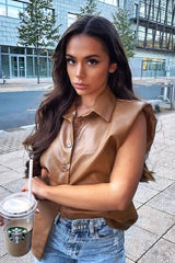 Camel Faux Leather Shoulder Pad Shirt - Eila-Shirts