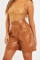 Camel Faux Leather Tailored Longline Short - Gloria-Shorts