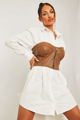 Camel Faux Leather Zip Front Corset Top - Karolina-Crop Tops