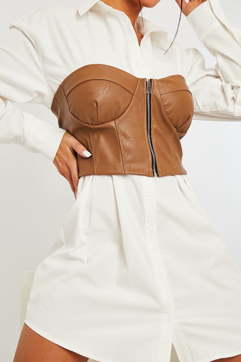 Camel Faux Leather Zip Front Corset Top - Karolina-Crop Tops