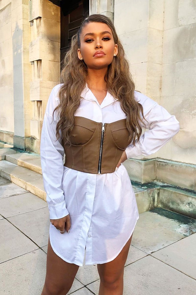 Camel Faux Leather Zip Front Corset Top - Karolina-Crop Tops