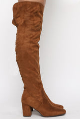 Camel Faux Suede Back Lace Up Thigh High Boots - Brooklyn-Boots