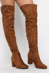 Camel Faux Suede Back Lace Up Thigh High Boots - Brooklyn-Boots