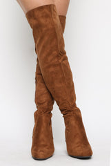 Camel Faux Suede Back Lace Up Thigh High Boots - Brooklyn-Boots