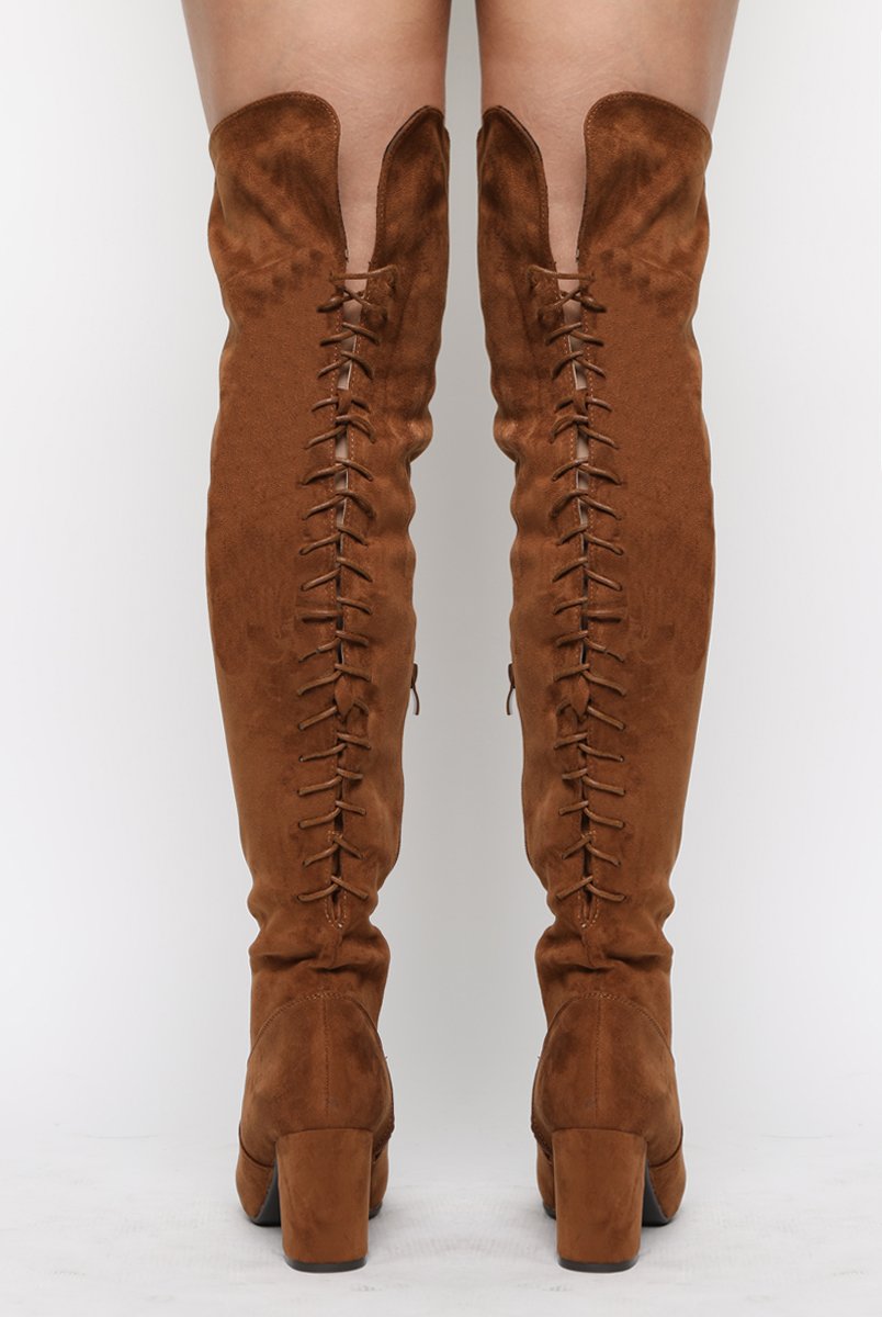Camel Faux Suede Back Lace Up Thigh High Boots - Brooklyn-Boots