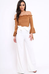 Camel Faux Suede Bardot Frill Crop Top with Flared Sleeves - Tiffy-Tops