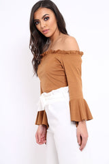 Camel Faux Suede Bardot Frill Crop Top with Flared Sleeves - Tiffy-Tops