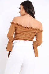 Camel Faux Suede Bardot Frill Crop Top with Flared Sleeves - Tiffy-Tops