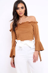 Camel Faux Suede Bardot Frill Crop Top with Flared Sleeves - Tiffy-Tops