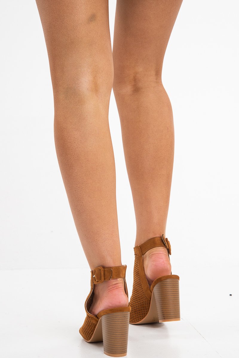 Camel Faux Suede Cage Front Block Heels - Shannon-Heels