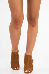 Camel Faux Suede Cage Front Block Heels - Shannon-Heels