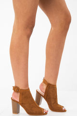 Camel Faux Suede Cage Front Block Heels - Shannon-Heels