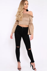 Camel Faux Suede Crop Bardot Top - Torri-Crop Tops
