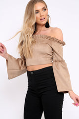 Camel Faux Suede Crop Bardot Top - Torri-Crop Tops