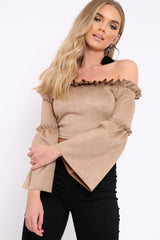 Camel Faux Suede Crop Bardot Top - Torri-Crop Tops