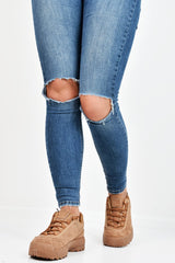 Camel Faux Suede Lace Up Sole Detail Trainers - Aviana-Trainers