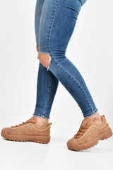 Camel Faux Suede Lace Up Sole Detail Trainers - Aviana-Trainers