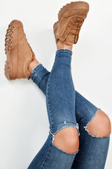 Camel Faux Suede Lace Up Sole Detail Trainers - Aviana-Trainers