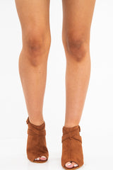 Camel Faux Suede Open Toe Block Heels - Madeline-Heels