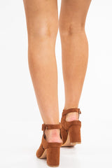 Camel Faux Suede Open Toe Block Heels - Madeline-Heels