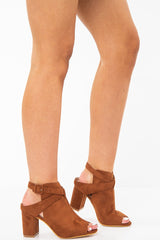 Camel Faux Suede Open Toe Block Heels - Madeline-Heels
