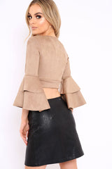 Camel Faux Suede Plunge Front Crop Top - Quorra-Crop Tops