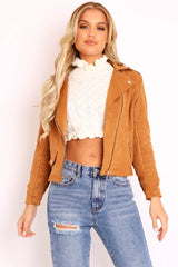 Camel Faux Suede Zip Front Biker Jacket - Isadora-Jackets