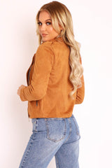 Camel Faux Suede Zip Front Biker Jacket - Isadora-Jackets