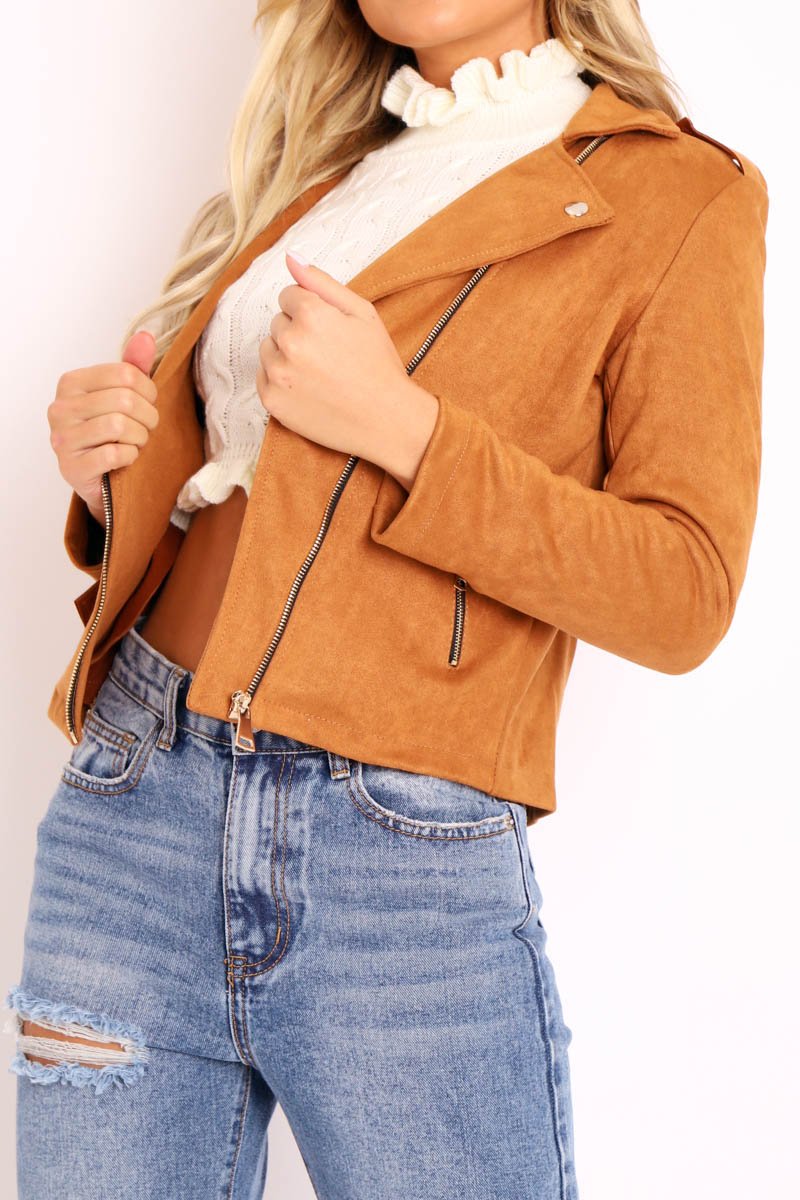 Camel Faux Suede Zip Front Biker Jacket - Isadora-Jackets
