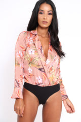 Camel Floral Plunge Satin Bodysuit - Rebeka-Bodysuits