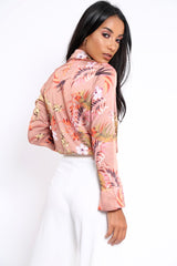 Camel Floral Plunge Satin Bodysuit - Rebeka-Bodysuits