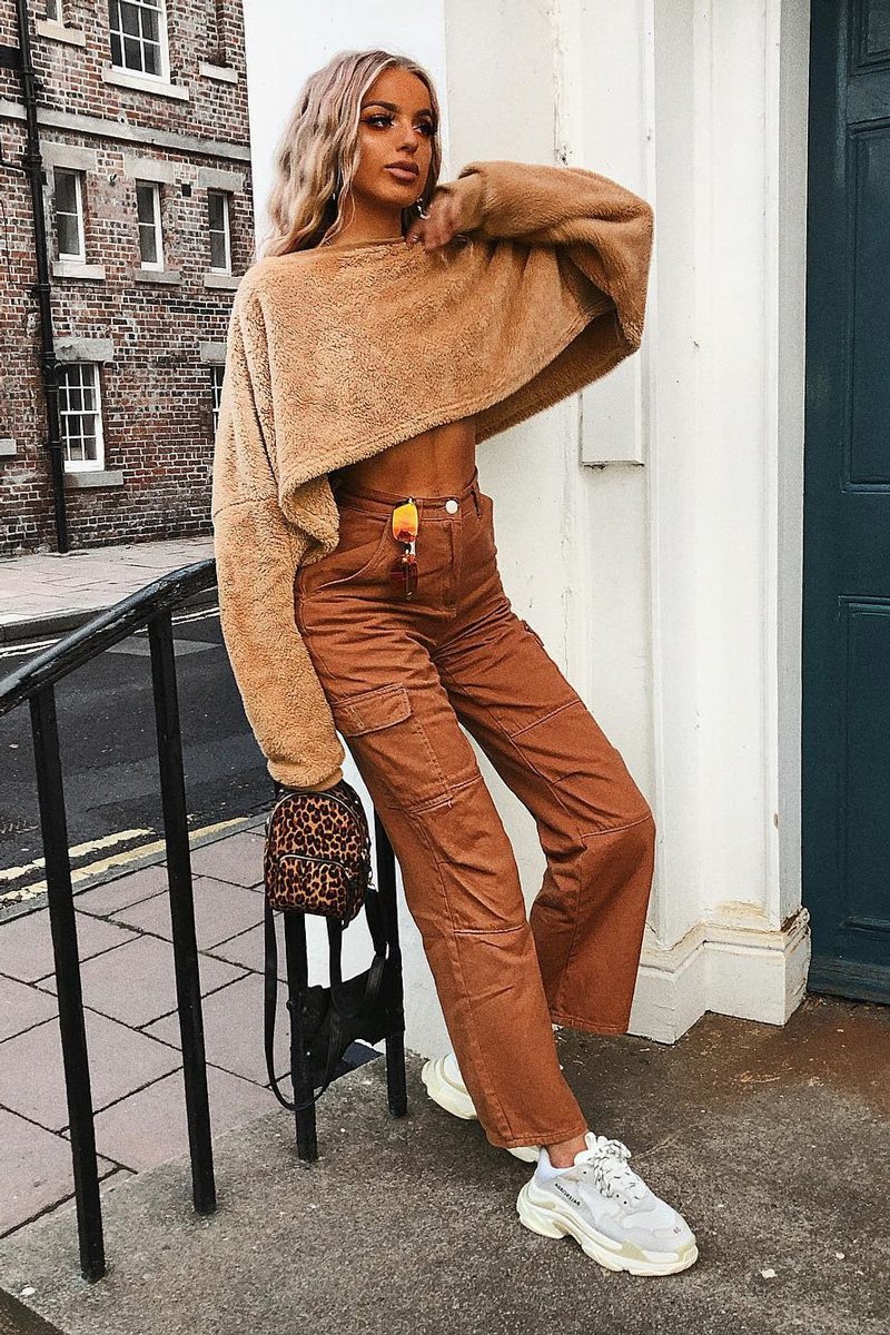 Camel Fluffy Long Sleeve Crop Jumper - Noura-Crop Jumper