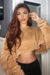 Camel Fluffy Long Sleeve Crop Jumper - Noura-Crop Jumper