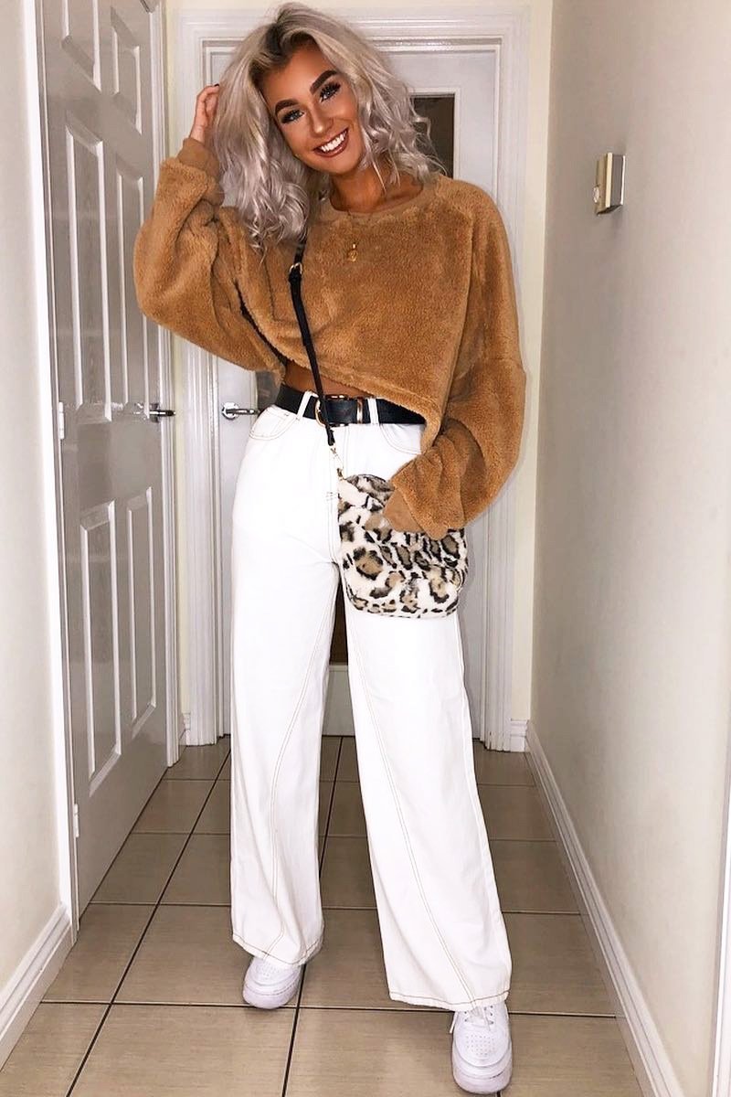 Camel Fluffy Long Sleeve Crop Jumper - Noura-Crop Jumper
