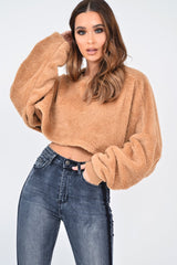 Camel Fluffy Long Sleeve Crop Jumper - Noura-Crop Jumper