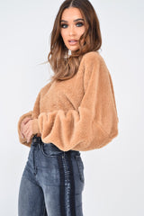 Camel Fluffy Long Sleeve Crop Jumper - Noura-Crop Jumper